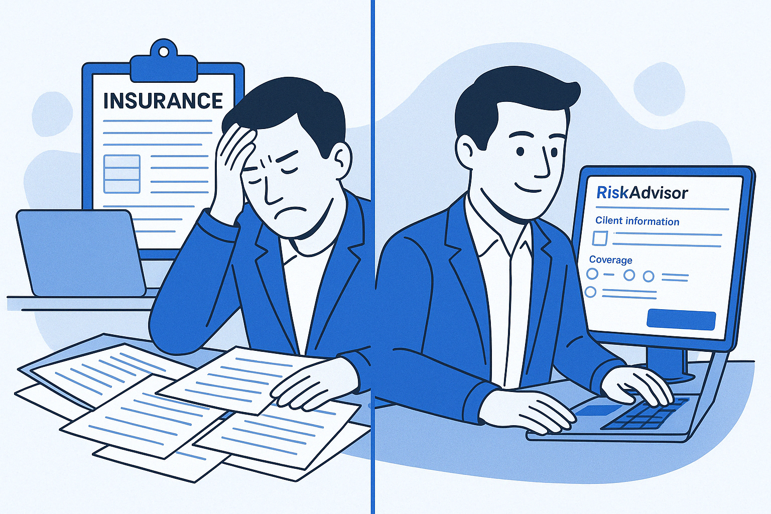 Split-screen illustration of an insurance agent overwhelmed by paperwork on one side, and confidently using RiskAdvisor’s digital platform on the other — showing the shift from outdated workflows to modern efficiency.