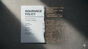 An insurance policy document with its right half dissolving into cascading lines of amber code, photographed as an editorial still life on a warm gray linen surface with a single cool window light.