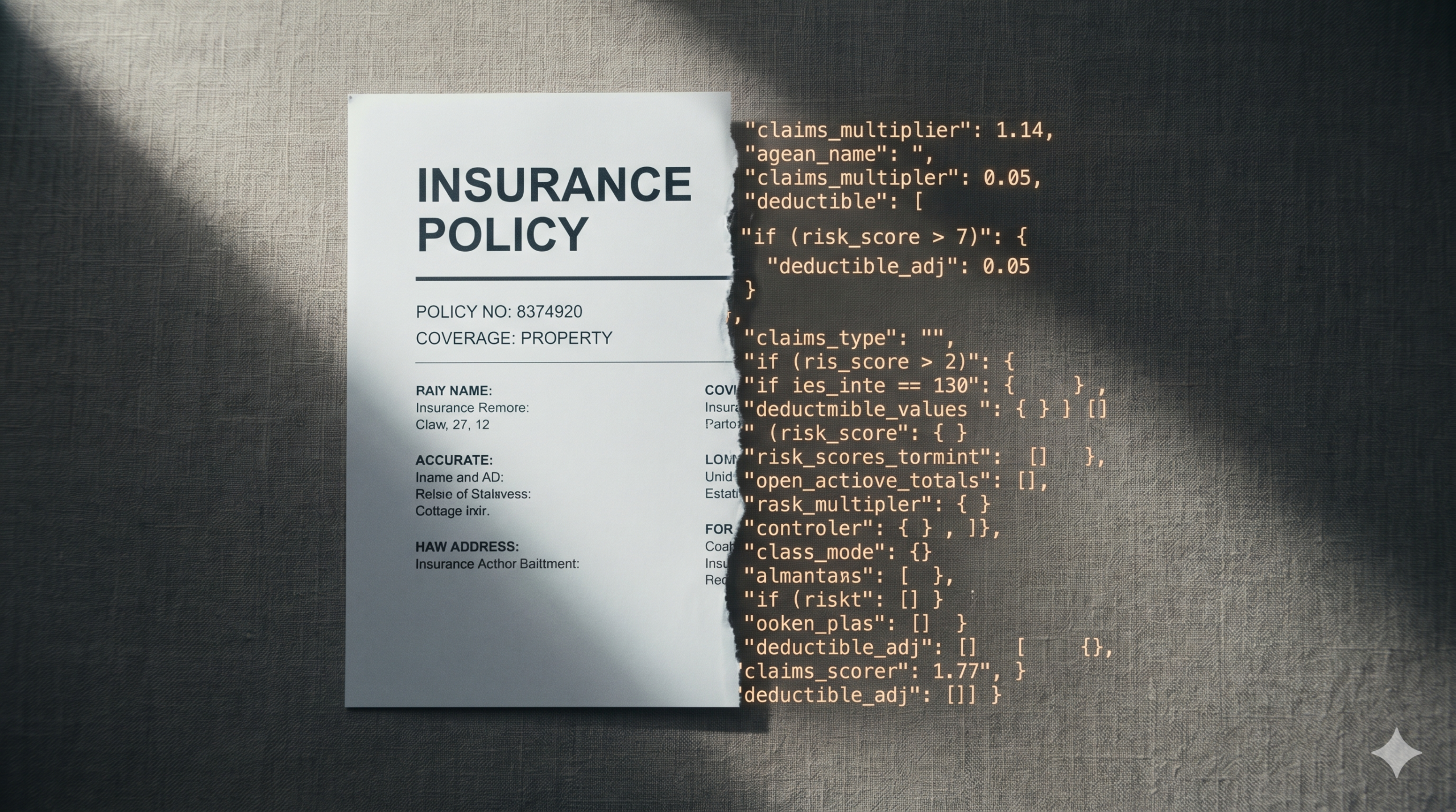 An insurance policy document with its right half dissolving into cascading lines of amber code, photographed as an editorial still life on a warm gray linen surface with a single cool window light.