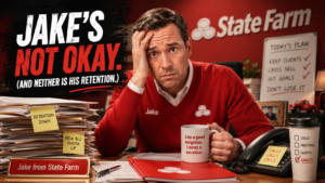 A stressed insurance agent sits at a cluttered desk in a State Farm office, surrounded by paperwork and sticky notes reading "Retention Down" and "New Biz Quota Up" with the headline "Jake's Not Okay. And Neither Is His Retention."