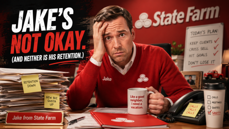 A stressed insurance agent sits at a cluttered desk in a State Farm office, surrounded by paperwork and sticky notes reading "Retention Down" and "New Biz Quota Up" with the headline "Jake's Not Okay. And Neither Is His Retention."