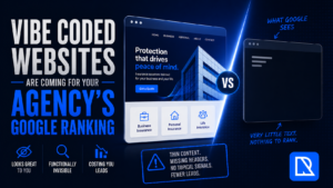 Graphic comparing a visually polished AI-generated insurance website with what Google actually sees, highlighting how thin content and poor structure can hurt SEO and lead generation.
