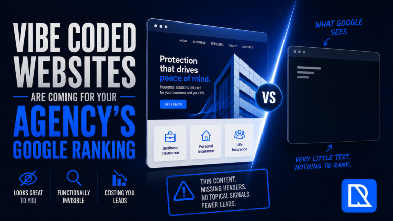 Graphic comparing a visually polished AI-generated insurance website with what Google actually sees, highlighting how thin content and poor structure can hurt SEO and lead generation.