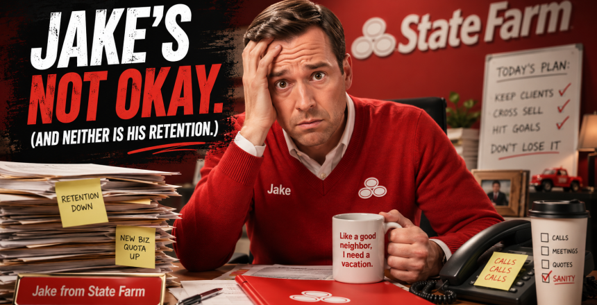 A stressed insurance agent sits at a cluttered desk in a State Farm office, surrounded by paperwork and sticky notes reading "Retention Down" and "New Biz Quota Up" with the headline "Jake's Not Okay. And Neither Is His Retention."