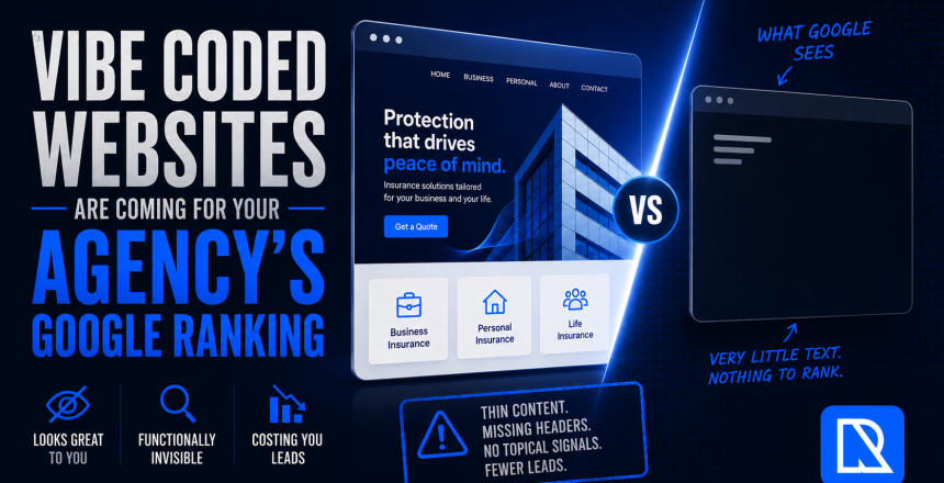 Graphic comparing a visually polished AI-generated insurance website with what Google actually sees, highlighting how thin content and poor structure can hurt SEO and lead generation.