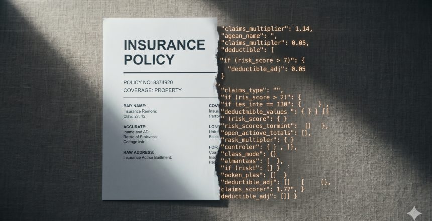 An insurance policy document with its right half dissolving into cascading lines of amber code, photographed as an editorial still life on a warm gray linen surface with a single cool window light.
